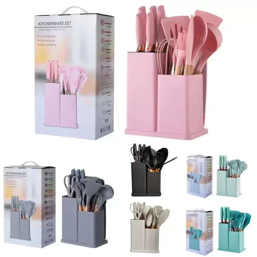 Kitchen Set Lux - Conjunto de Utensílios de Cozinha 19 Peças - Antiaderente com Cabos de Madeira
