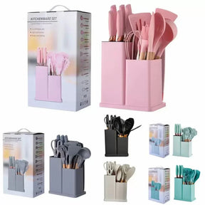 Kitchen Set Lux - Conjunto de Utensílios de Cozinha 19 Peças - Antiaderente com Cabos de Madeira